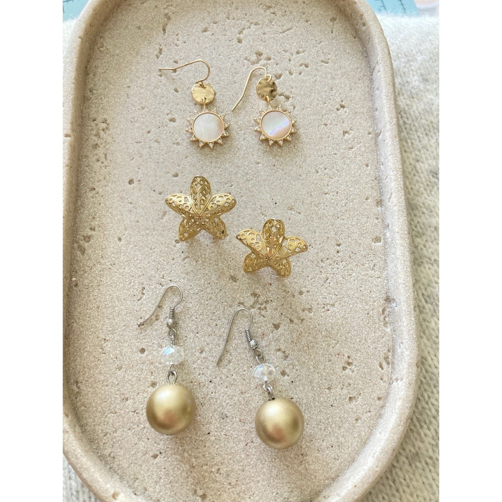 Romantic Gold Tone Earrings Set Of 3 Pair Filigree Flower Faux‎ Pearl Dangle